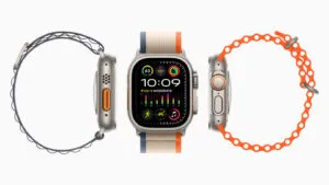 Apple Watch junto a otros smartwatches de Huawei, Xiaomi y Garmin, con una composición editorial que represente la creciente competencia del mercado.