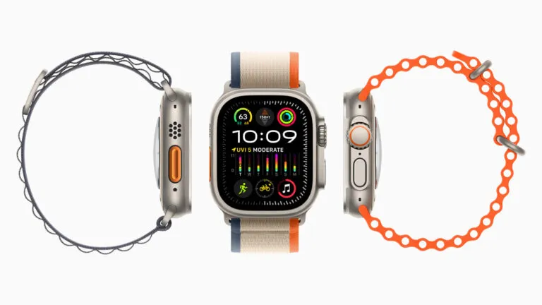 Apple Watch junto a otros smartwatches de Huawei, Xiaomi y Garmin, con una composición editorial que represente la creciente competencia del mercado.