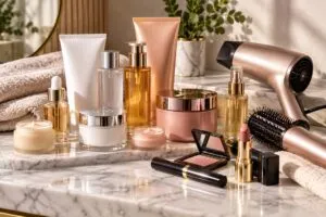 Productos de belleza en Amazon con cremas faciales, sérums, maquillaje y tratamientos para el cabello.