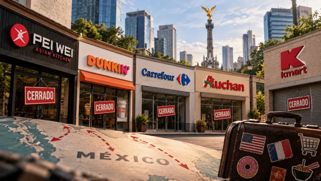 Montaje de locales de Pei Wei, Dunkin’, Carrefour, Auchan y Kmart con letreros de cerrado, frente a un paisaje urbano de México