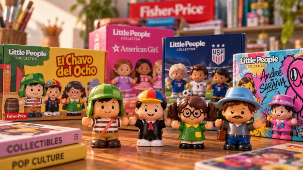 Figuras estilo Little People de personajes de El Chavo del Ocho frente a cajas de coleccionables de Fisher-Price
